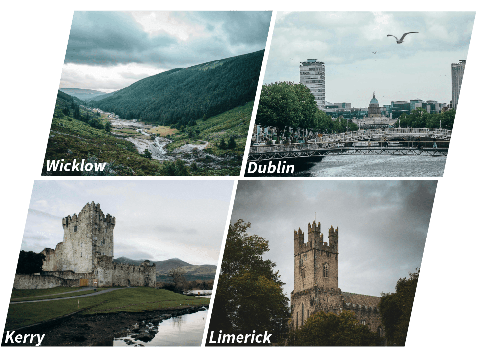 A collage of four Irish destinations: Wicklow, Dublin, Kerry, and Limerick, showcasing scenic and historic landmarks, ideal for travel with a Holiday Loan from Member First Credit Union