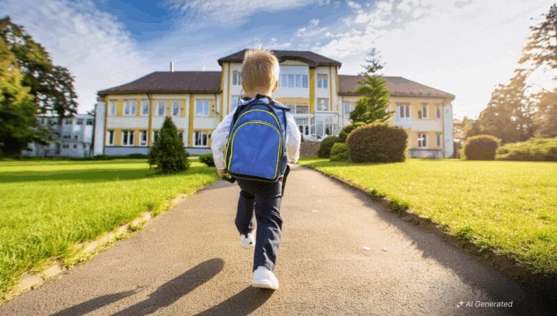 Primary school kid wearing a blue bag running towards the big school - MFCU Scholarship Scheme | MFCU Education Loan