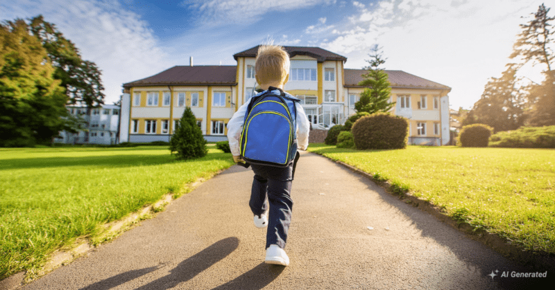 Primary school kid wearing a blue bag running towards the big school - MFCU Scholarship Scheme | MFCU Education Loan