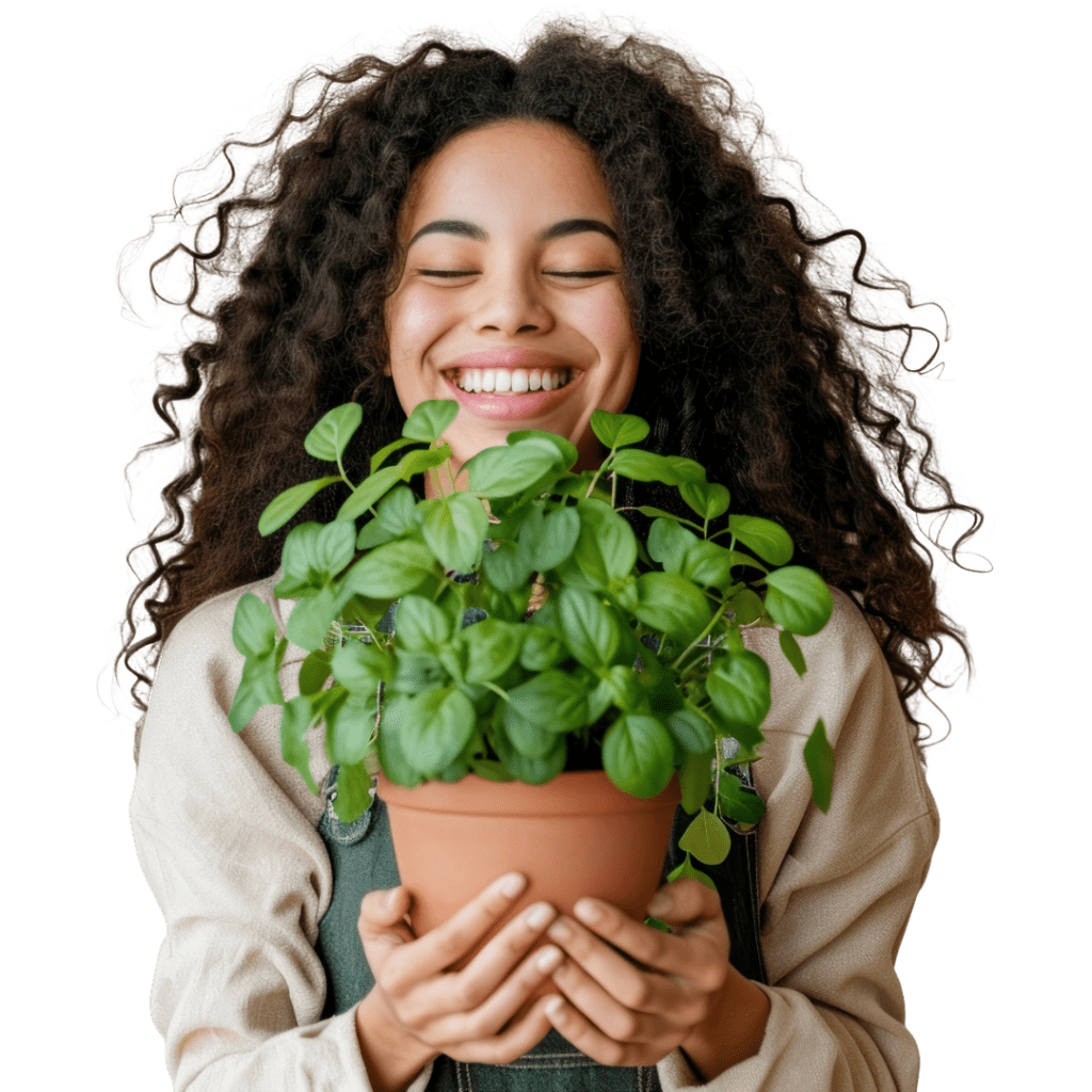 Beautiful Irish girl holding a plant with her eyes closed and big smile on her face.