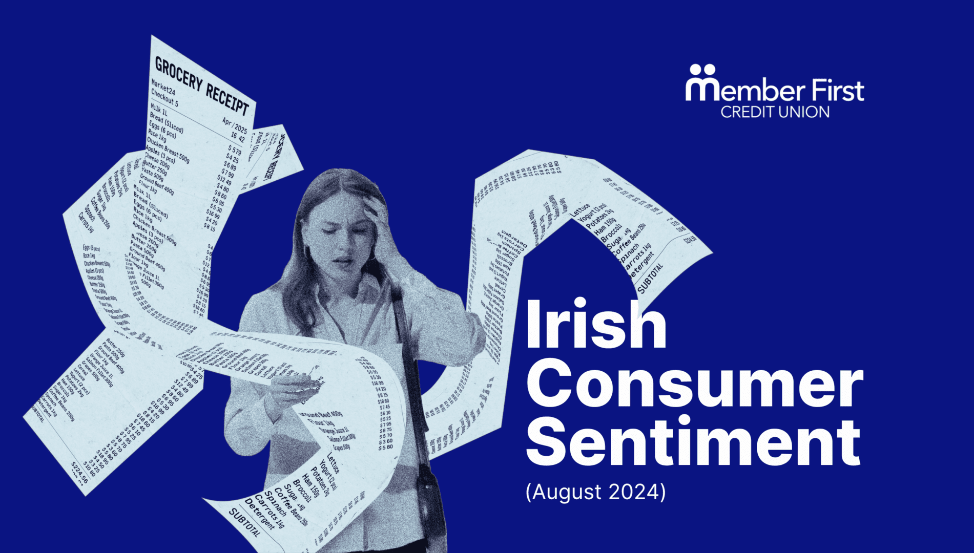 A women struggling with the groceries payment with the text that says Irish Consumer Sentiment August 2025