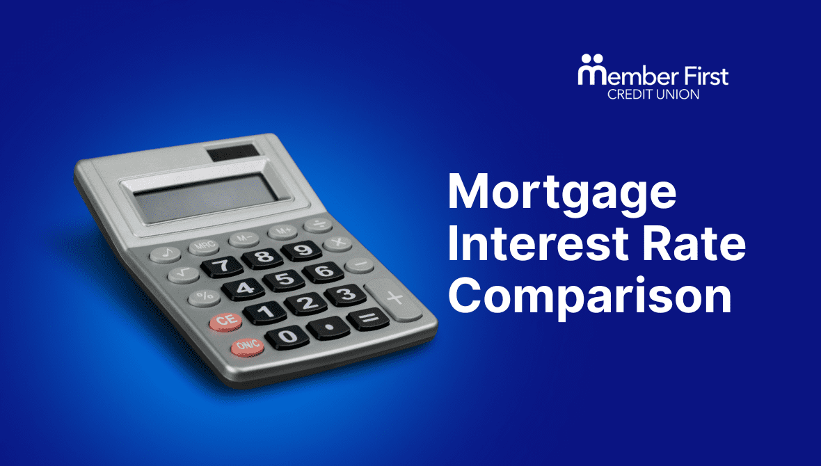 Calculator on a blue background with text 'Mortgage Interest Rate Comparison,' illustrating mortgage rates in Ireland.